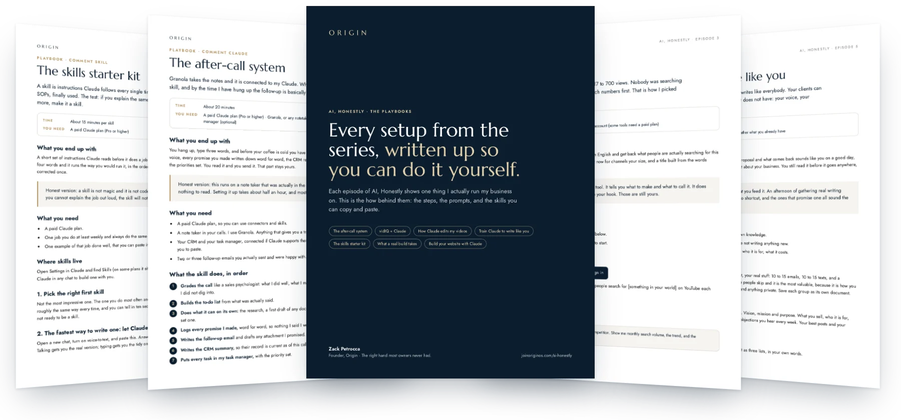 The AI, Honestly playbooks, with the after-call skill, the vidIQ prompts and the voice setup fanned out behind the cover
