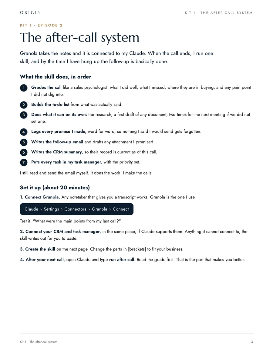 The after-call system playbook: what the skill does in order, and how to connect Granola