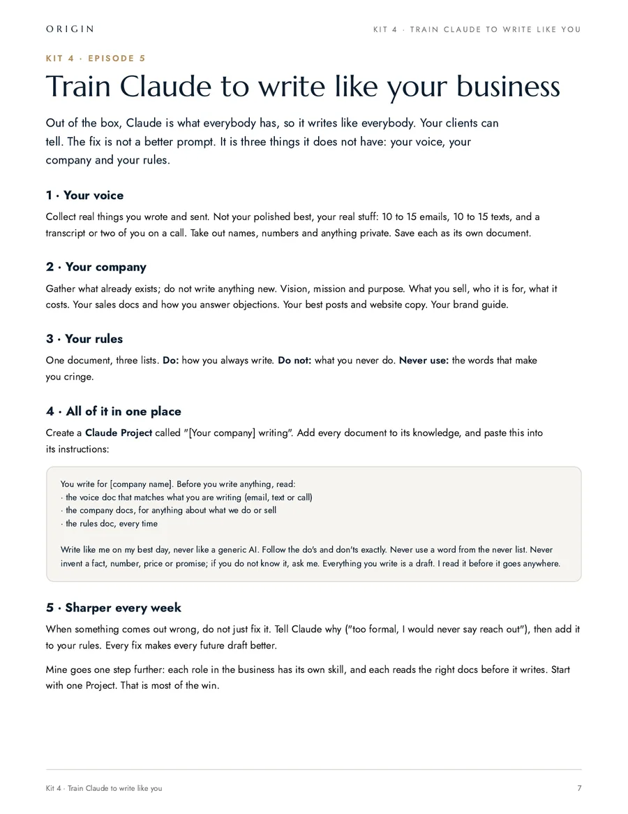 The voice playbook: voice, company and rules, with the Claude Project instructions