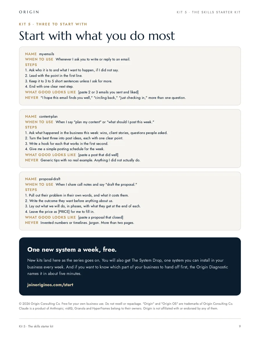 Three starter skills: emails, content plan and proposal draft