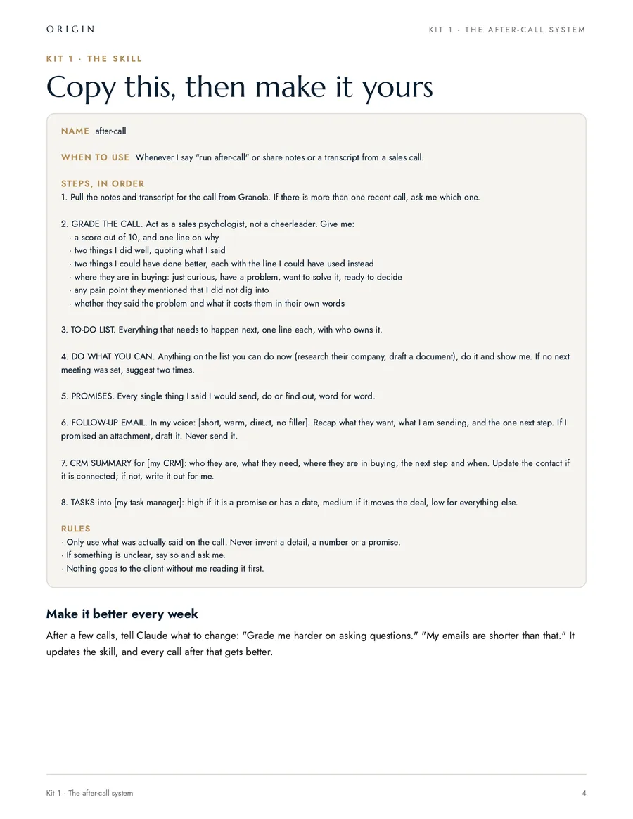 The after-call skill: grade the call, to-do list, promises, follow-up email, CRM summary and tasks