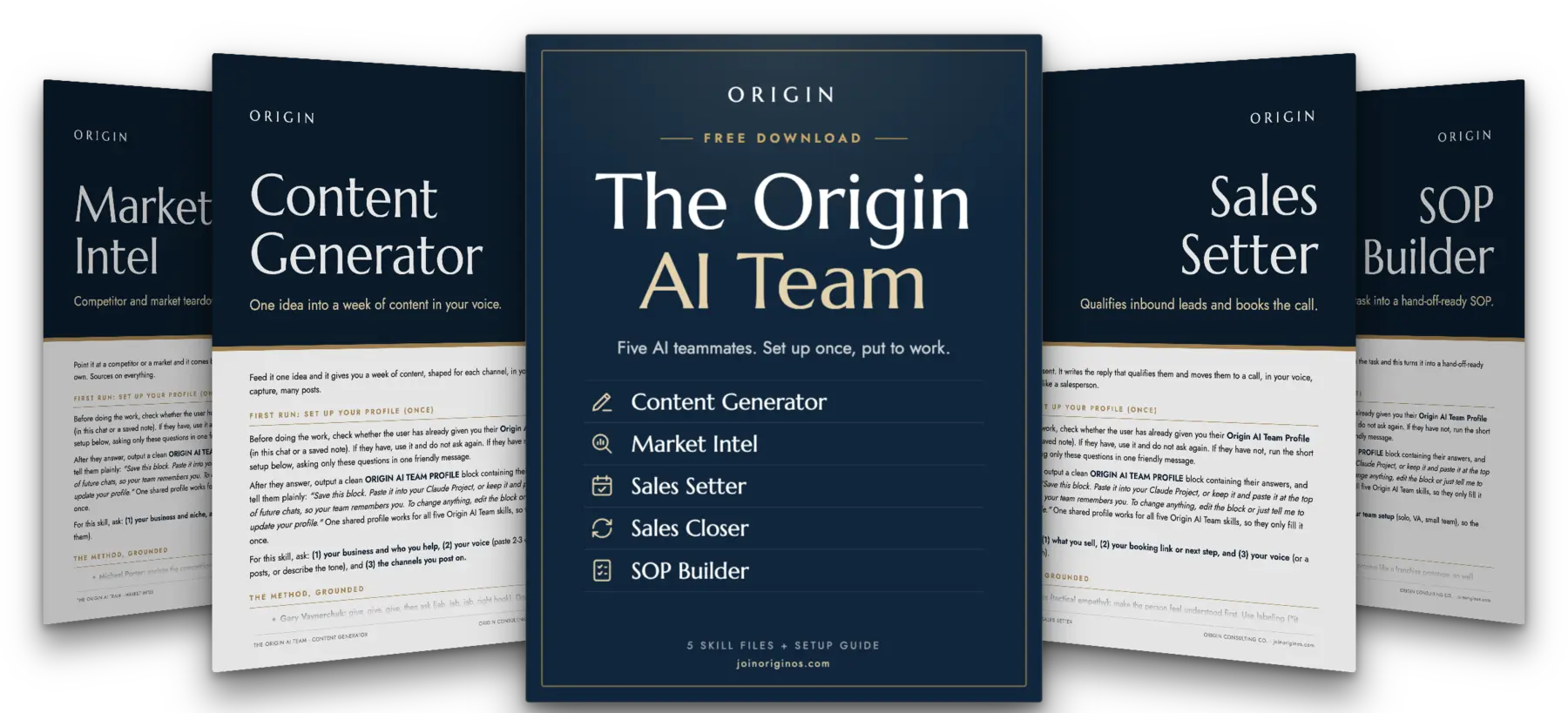 The Origin AI Team cover, listing Content Generator, Market Intel, Sales Setter, Sales Closer, and SOP Builder, with pages from the skill files fanned out behind it