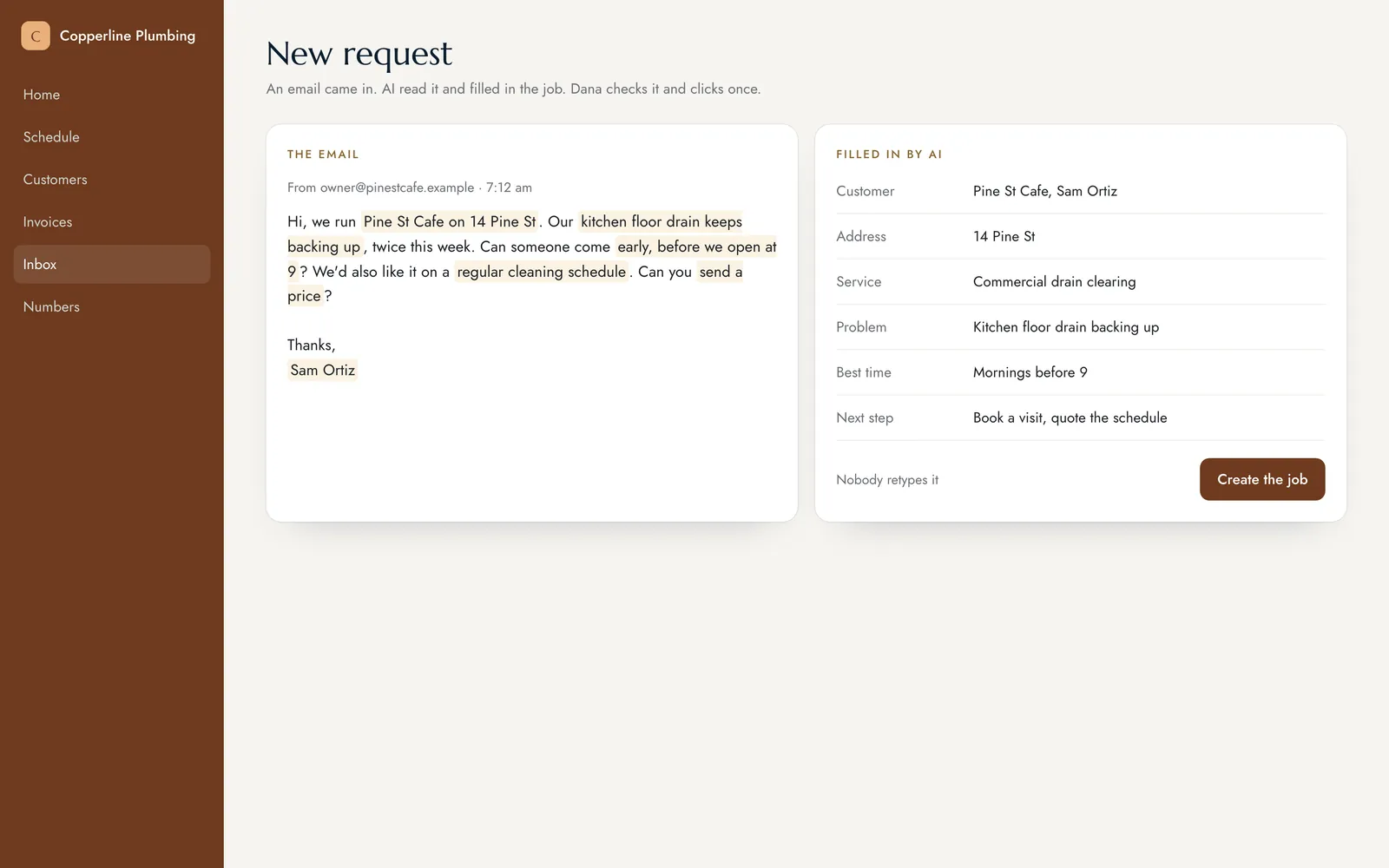 An email comes in. AI fills in the job from it.