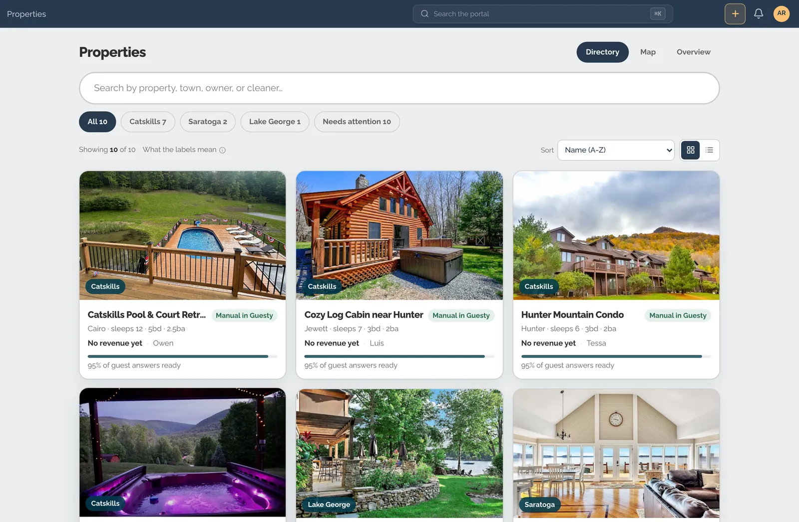 Every home in one place, each with its guest guide ready.