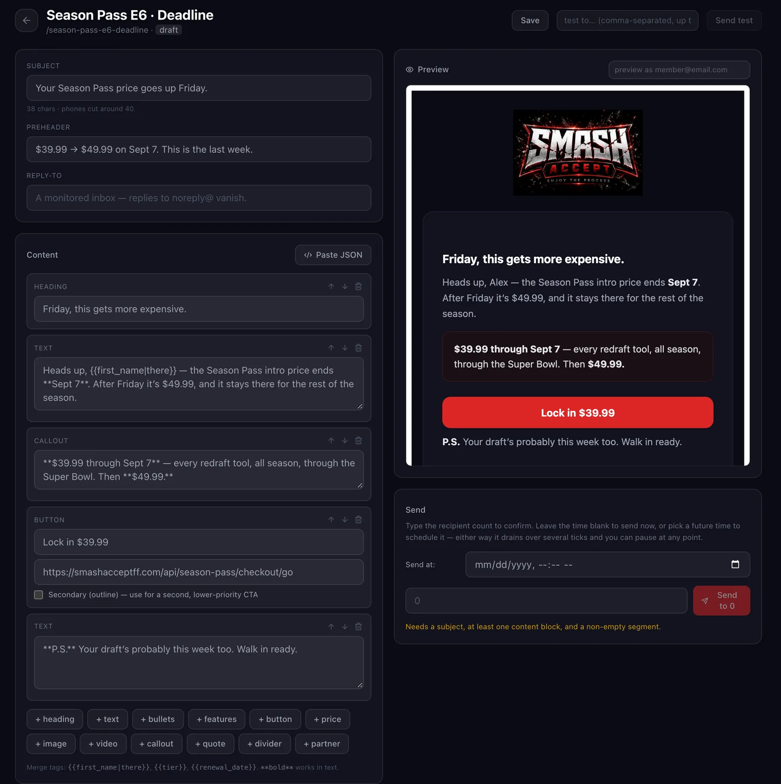 The composer, with a live preview of the email.