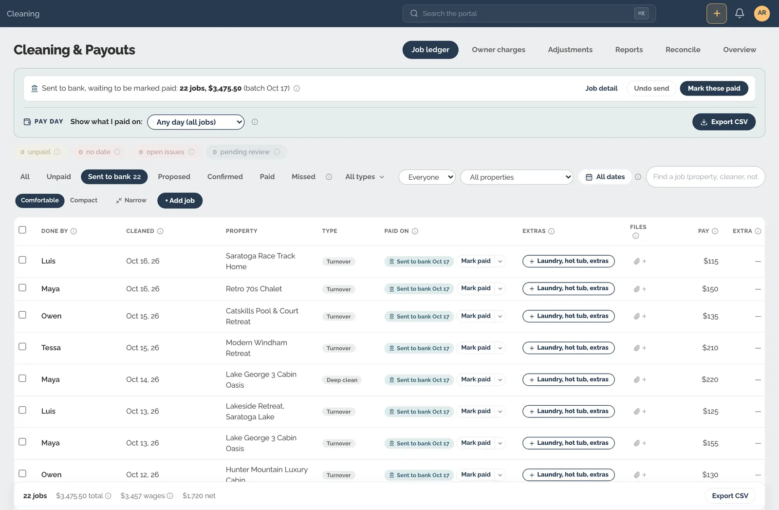 One click sends every job to the bank file, totaled.