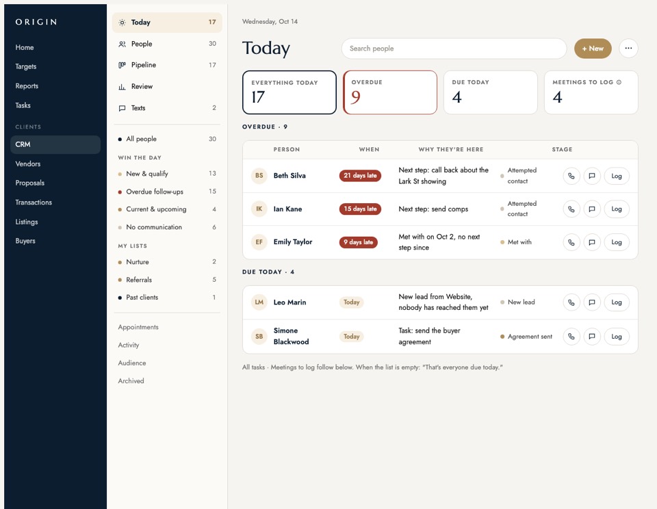 The Origin Platform, the CRM's Today view
