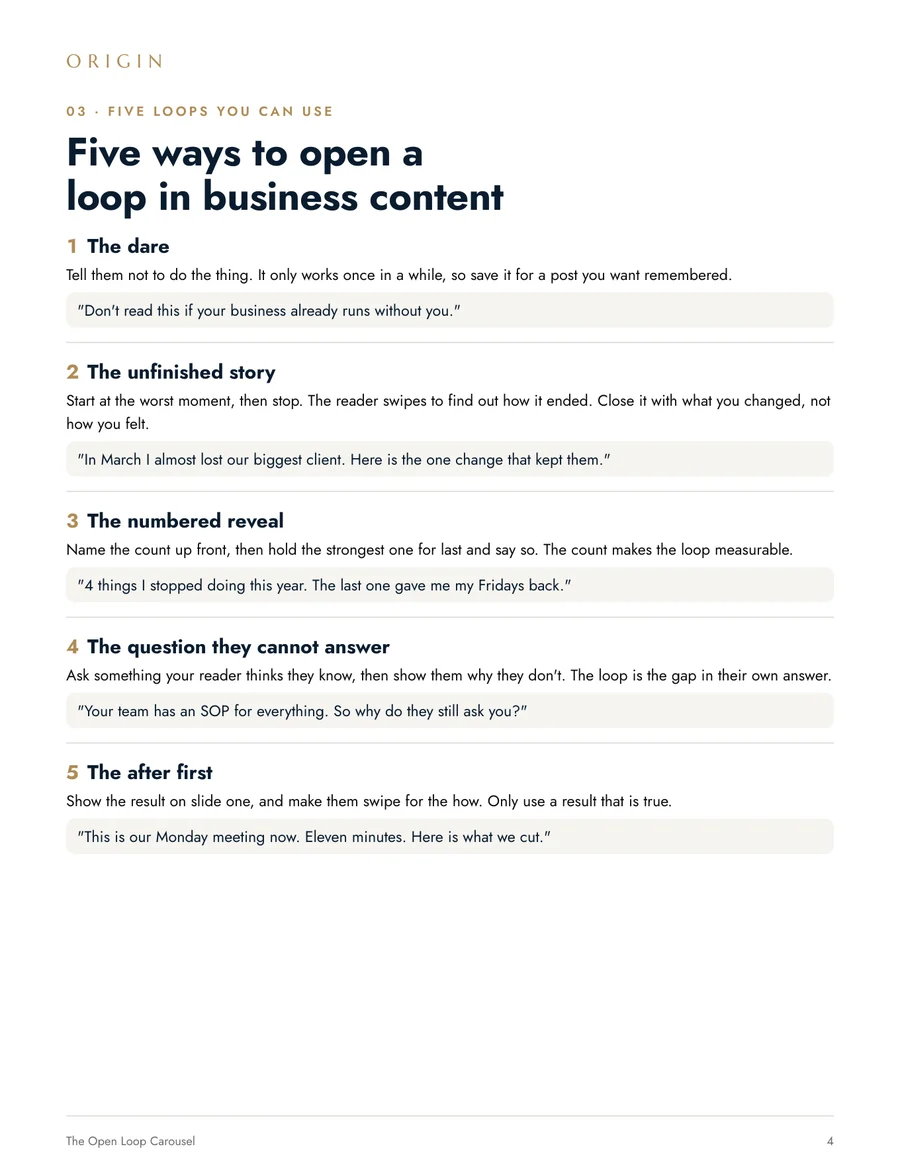 Page 4: five ways to open a loop in business content, each with an example line