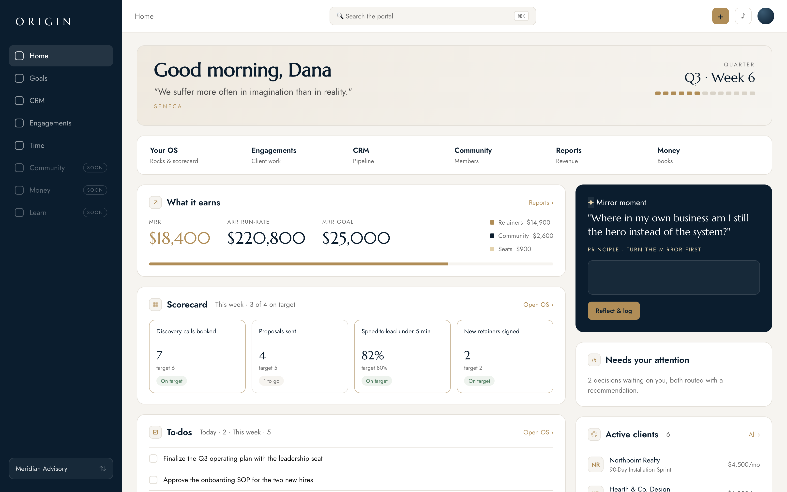 The Origin OS dashboard: the operating system behind an expertise business