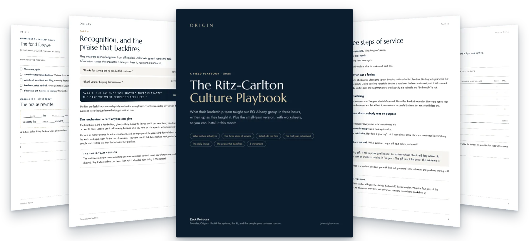The Ritz-Carlton Culture Playbook cover, with pages from the playbook and its worksheets fanned out behind it