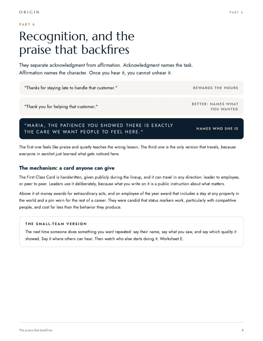 Page 8: recognition, and the praise that backfires, with the three versions of the same thank-you